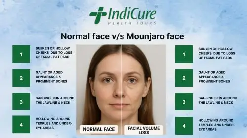 Comparative representation showing normal face versus Mounjaro face with volume loss effects
